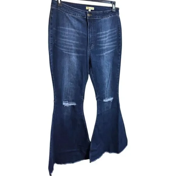 Dark Wash Distressed Knee Flare Jeans | High Rise Stretch | Raw Hem | NWT | 16 - Picture 7 of 14